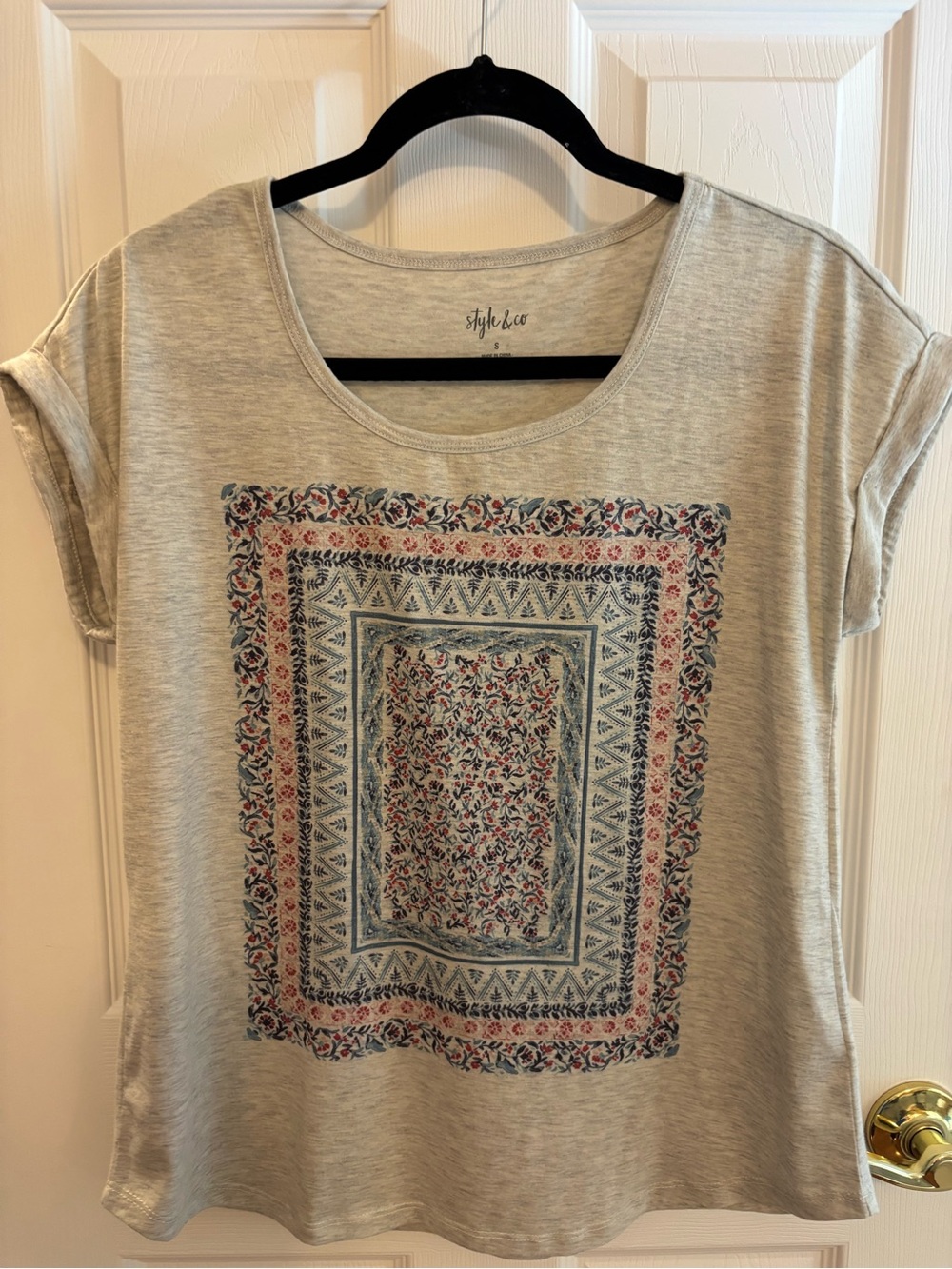 Style & Co. Heather Ivory Short-Sleeve Tee with Blue and Pink Bandana Print